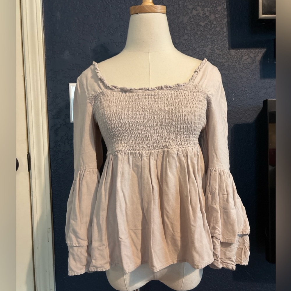 Pink Lily Smocked Babydoll Top Large Beige Boho Bell Sleeve Blouse